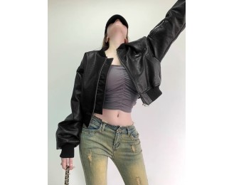 Black Faux Leather Cropped Bomber Jacket | Mark – NCT