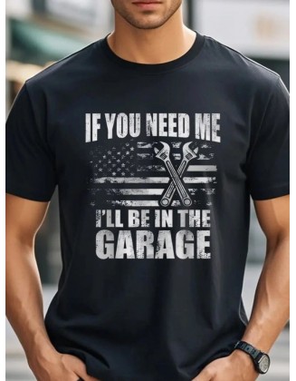 American Flag Crossed Wrench Printed Pure Cotton T-shirt Black