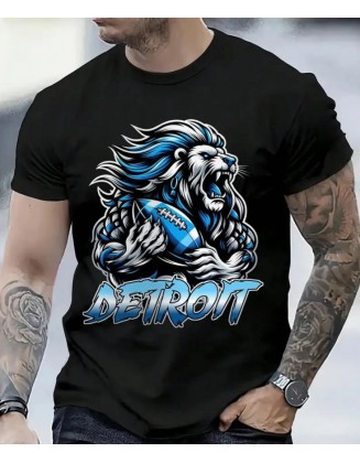 Lion Holds Rugby Ball Printed Pure Cotton T-shirt Black