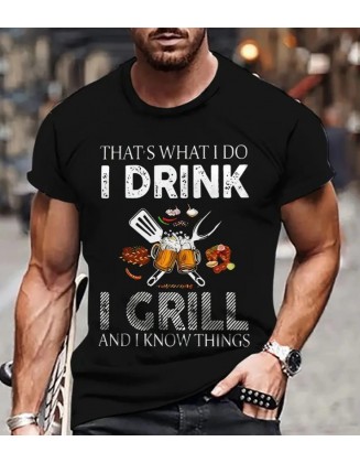 I DRINK I GRILL Printed Pure Cotton T-shirt Black